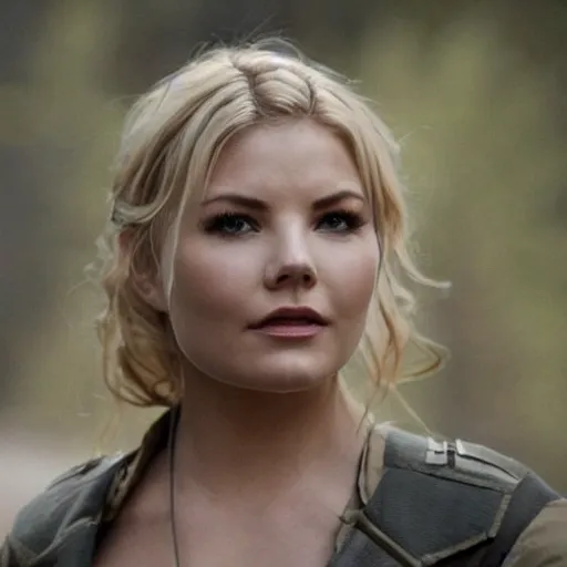 Prompt: elisha cuthbert as a soldier in a dystopian future battleground