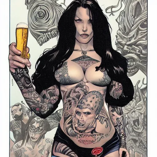 Prompt: a beautiful portrait of a heavily tattooed woman handing you a beer in Travis Charest style