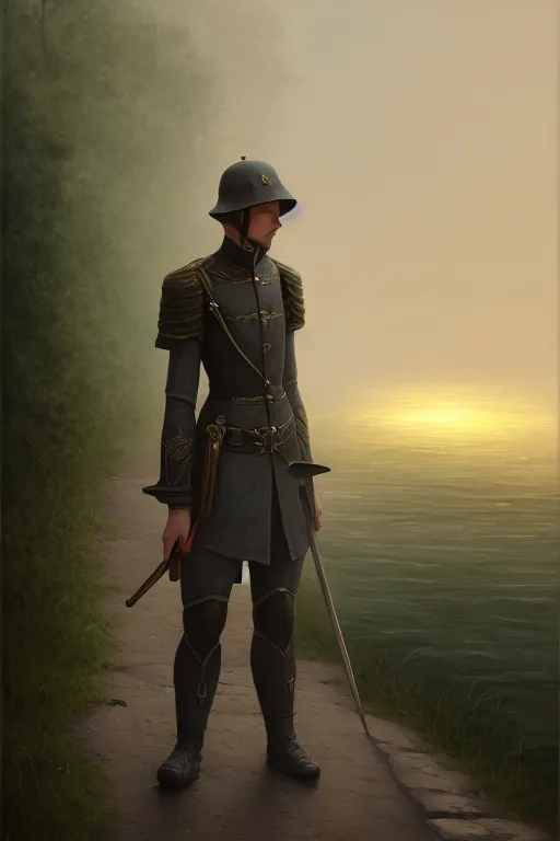 Image similar to A lone soldier stands at the bridge, illustration, soft lighting, soft details, dark mood, painting oil on canvas by Edmund Blair Leighton and Charlie Bowater octane render trending on artstation d&d characters, 4k, 8k, HD