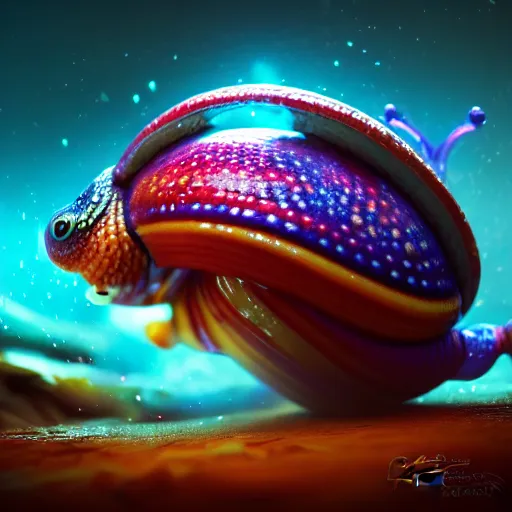 Image similar to beautiful colorful snail fish frog sea-star ant, magic of fire and magic of ice. occult cyberpunk, ancient futuristic, dark art, occult. by Petros Afshar, by artgerm, by Eddie Mendoza, by Peter mohrbacher, octane render, 3d, unreal engine, depth of field, bokeh, motion blur, blur