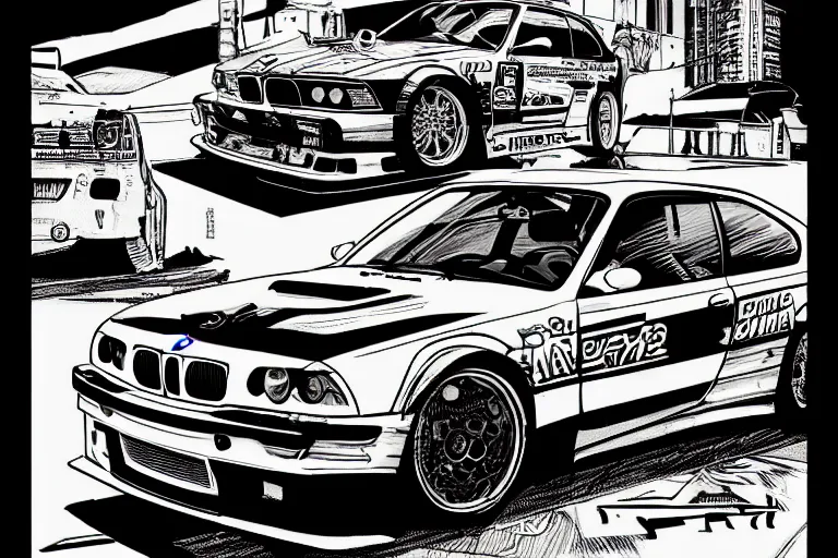 Image similar to bmw m 3 gtr, a page from cyberpunk 2 0 2 0, style of paolo parente, style of mike jackson, adam smasher, johnny silverhand, 1 9 9 0 s comic book style, white background, ink drawing, black and white