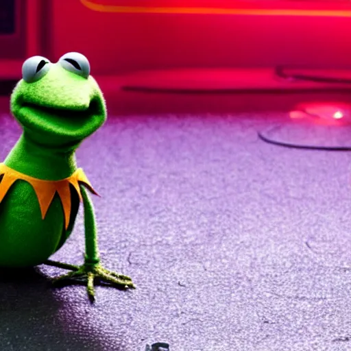 Image similar to a still of kermit the frog, from blade runner 2 0 4 9