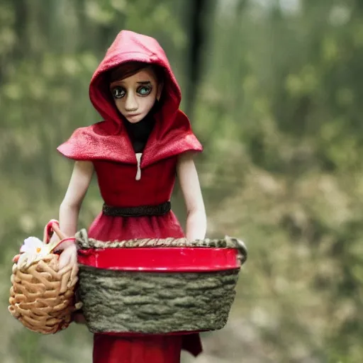 Prompt: a cinematic film still of a claymation stop motion film starring emma watson as little red riding hood with basket, shallow depth of field, 8 0 mm, f 1. 8