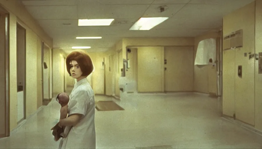 Prompt: 60s movie still of a white japanese female phantom blood with a foetus in an empty hospital with light yellow walls, eastmancolor, heavy grain, high quality, higly detailed, liminal space