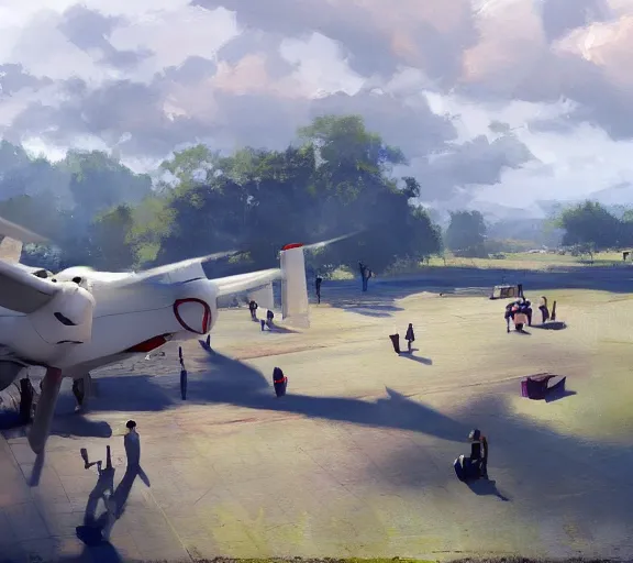 Image similar to photo from a drone, people near the plane at the airfield, painting by craig mullins, octane rendering, soft morning lighting, wide angle lens, in the style of hayao miyazaki, trending on artstation,