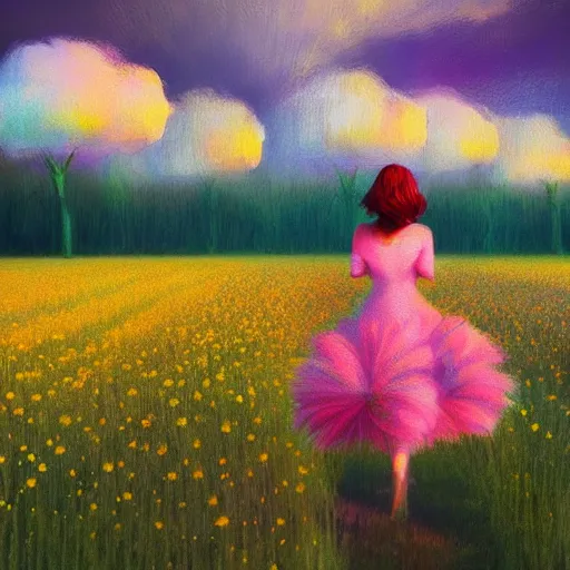 Image similar to giant daisy flower as a head, girl walking in flower field, surreal photography, sunrise, dramatic light, impressionist painting, colorful clouds, digital painting, artstation, simon stalenhag