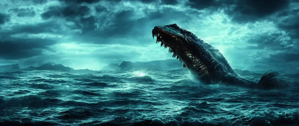 Image similar to ocean monster dramatic lighting cinematic establishing shot extremely high detail foto realistic cinematic lighting post processed