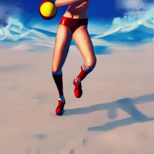 Image similar to a hyper real comic book style portait painting of zelda on the beach playing volleyball, unreal 5, hyperrealistic, octane render, cosplay, rpg portrait, dynamic lighting