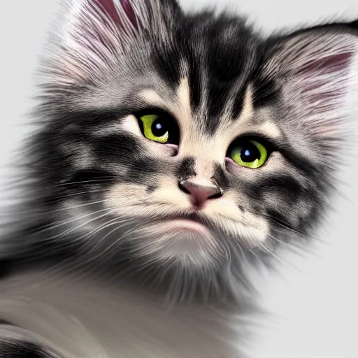 Image similar to eye - level view, a super cute maine coon kitten ate my homework in my room and woke up the next day smart, hilarious, funny, back to school comedy, cg animation, 3 d octane render, imax 7 0 mm,