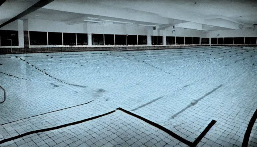 Image similar to 1 9 6 0 s movie still of an empty blue and yellow tiles municipal swimmingpool, security cam footage, liminal space style