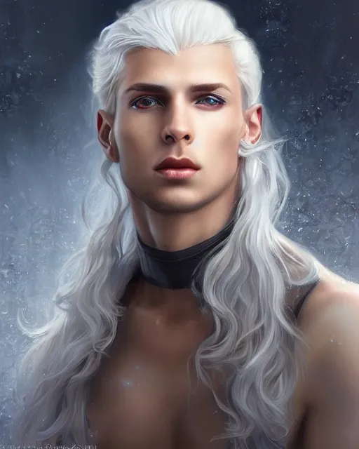 Prompt: a beautiful male, 8 k, hyperrealistic, hyperdetailed, white hair, blue eyes, fantasy portrait by laura sava
