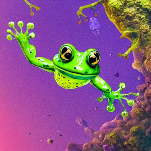 Prompt: Cute Coronavirus Creatures!!, the world’s greatest drawing of a frog, 4000 meters above the bottom of the ocean, cinematic, hyper realism, high detail, octane render, unreal engine, 8k, vibrant color, the inhabitants of the Moon resembled large serpents with a spongy, porous skin, Integrating with Technology!, by dom qwek and andrea chiampo