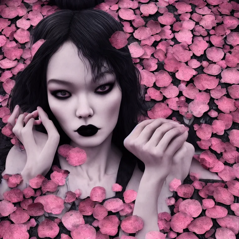 Image similar to cloudy cemetary with pink petals on the floor, goth woman sitting down, intricate details, complementary lighting, detailed face, backlighting, octane render, raytraced, depth of field, beautiful face, extremely detailed, trending in artstation, focus on face, sharp focus, radiant light, beautiful composition, yihao ren, zochi, zero - hour, jean paul fiction