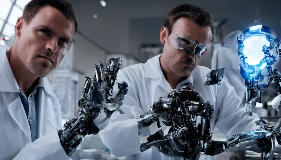 Image similar to big budget action movie about scientists building a cyborg.