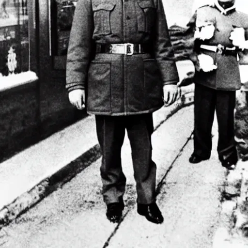 Prompt: stalin standing outside mcdonalds, dressed as santa, color historical photo