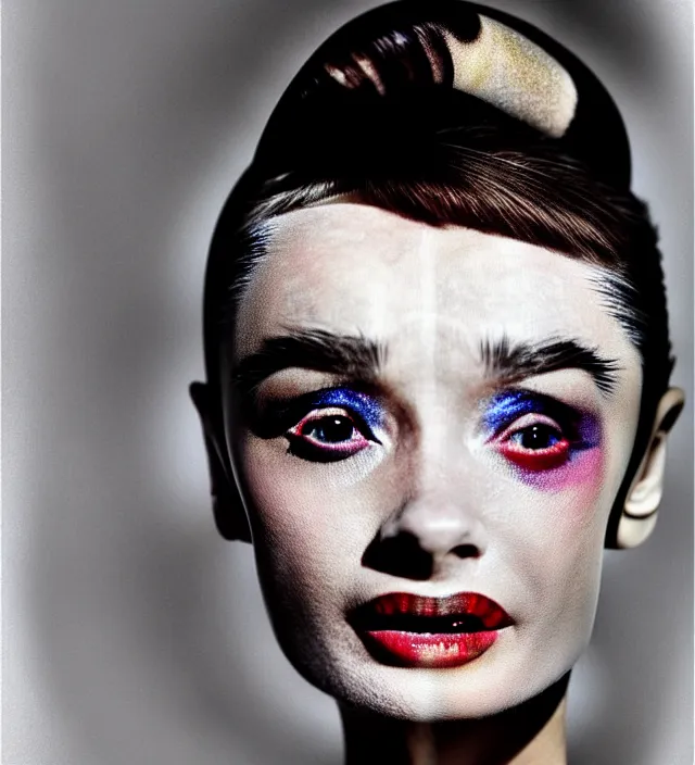 Prompt: photography facial portrait in a gaz station at night of seductive actress audrey hepburn with a dressed from * iris van herpen *, with stylish colorfull makeup. intriguing soft back lighting, geisha tattoo, highly detailed, skin grain detail, photography by paolo roversi, nick knight, helmut newton, avedon, araki