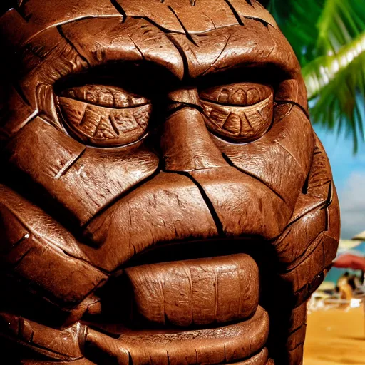 Image similar to a closeup photorealistic photograph of ben grimm's face on a tiki mug at trader vic's beach bar. fantastic four. tiki culture. bright scene. fine detail. this 4 k hd image is trending on artstation, featured on behance, well - rendered, extra crisp, features intricate detail, epic composition and the style of unreal engine.