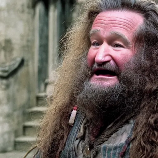 Image similar to Robin Williams playing Hagrid in Harry Potter, screenshot