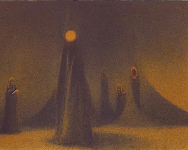 Image similar to by francis bacon, beksinski, mystical redscale photography evocative. devotion to the scarlet woman, priestess in a conical hat, coronation, ritual, sacrament