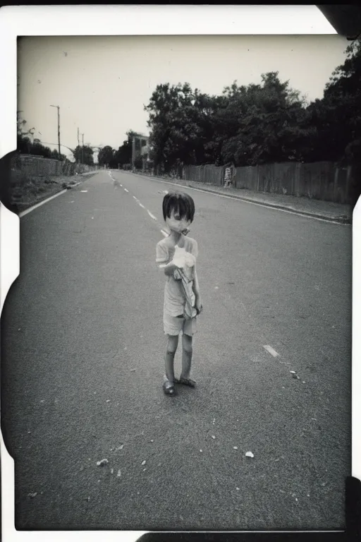 Image similar to photo polaroid of a sad and lonely child in the middle of a small street where there are tents of field hospitals all around, pandemic, loneliness, black and white ,photorealistic, 35mm film,