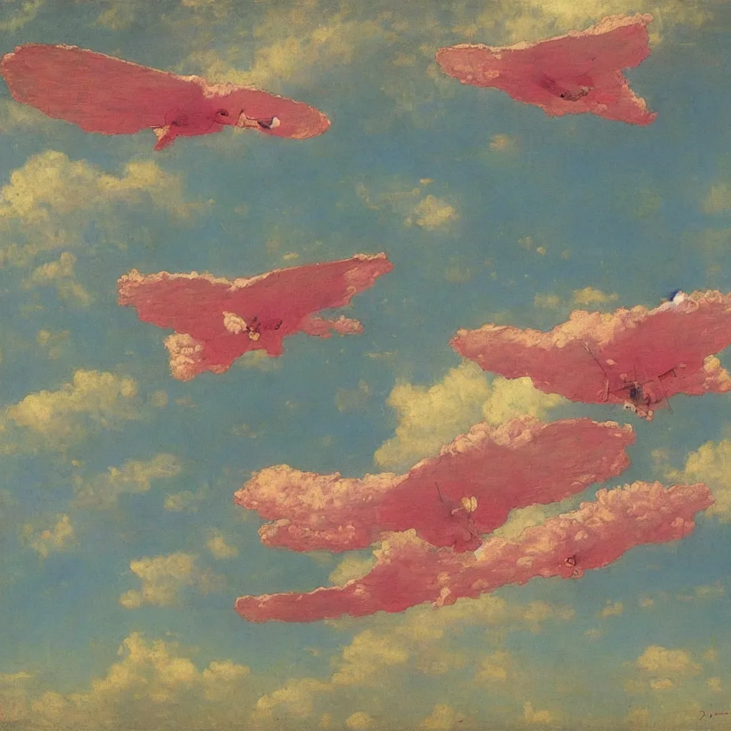 Prompt: two huge pink zepplins flying in the sky, 1905, highly detailed colourful oil on canvas, by Ilya Repin