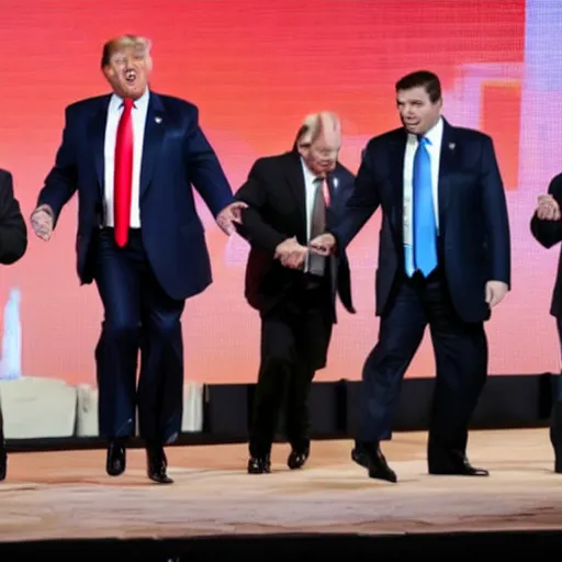 Image similar to photo of a vladimir putin, donald trump and ron desantis dancing a congo line on stage at cpac,