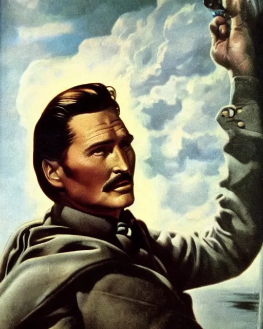 Image similar to Errol Flynn as a scientist. 1980s dystopian Soviet Russia, propaganda screens. Unreal engine, fantasy art by Gustave Courbet. Faithfully depicted facial expression, perfect anatomy global illumination, radiant light, detailed and intricate environment