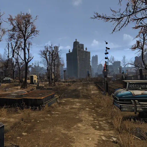 Image similar to central park settlement, post - nuclear war in fallout 4, in game screenshot