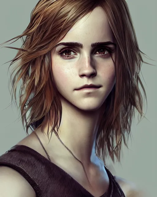 Image similar to final fantasy portrait of emma watson, au naturel, hyper detailed, digital art, trending in artstation, cinematic lighting, studio quality, smooth render, unreal engine 5 rendered, octane rendered, art style by klimt and nixeu and ian sprigger and wlop and krenz cushart.