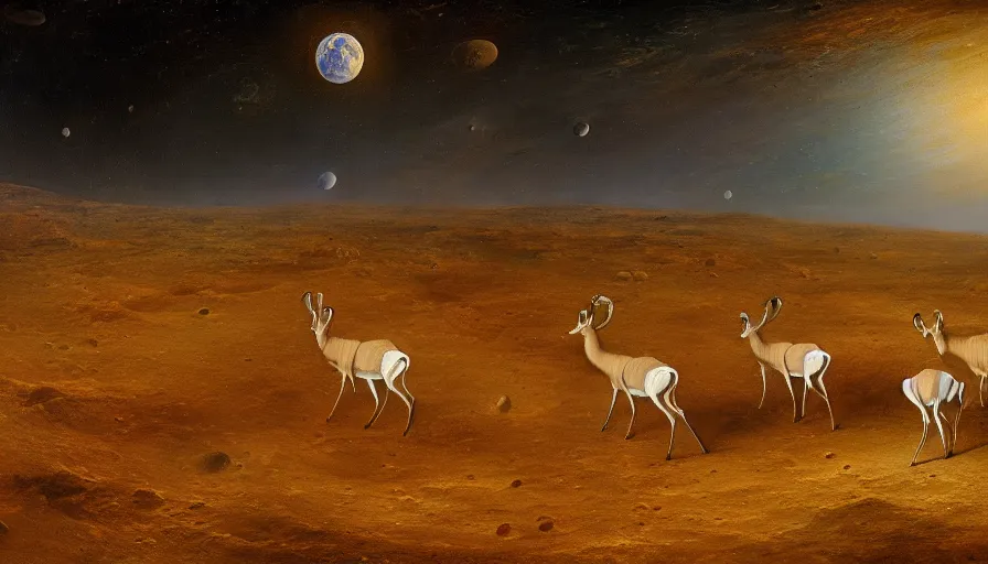 Image similar to highly detailed painting of antelopes on the surface of the moon by william turner, thick brush strokes and visible paint layers, 4 k resolution