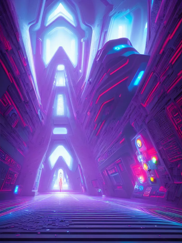 Image similar to symmetrical entrance to mainframe ethereal realm, ai sentient, octane render, symmetrical composition, dreamy colorful cyberpunk colors, 6 point perspective, fantasy landscape with anthropomorphic terrain in the styles of igor morski, jim warren and rob gonsalves, intricate, hyperrealistic, volumetric lighting, neon ambiance, distinct horizon