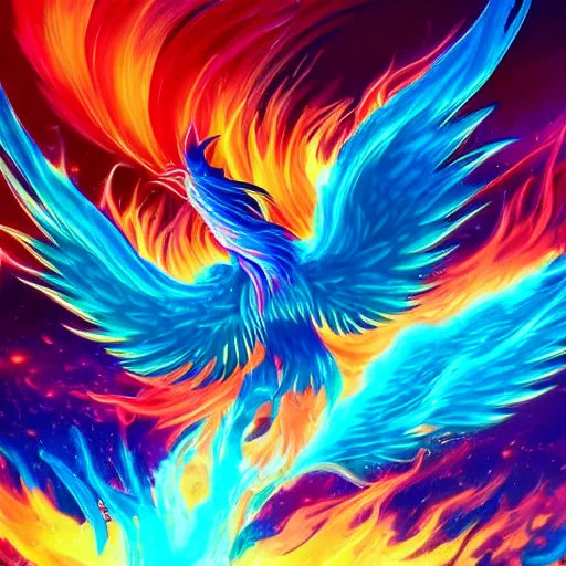 Image similar to artwork of a phoenix composed by flames, highly detailed, artstation, rainbow colors, night sky background, smooth illustration, digital art, unreal engine