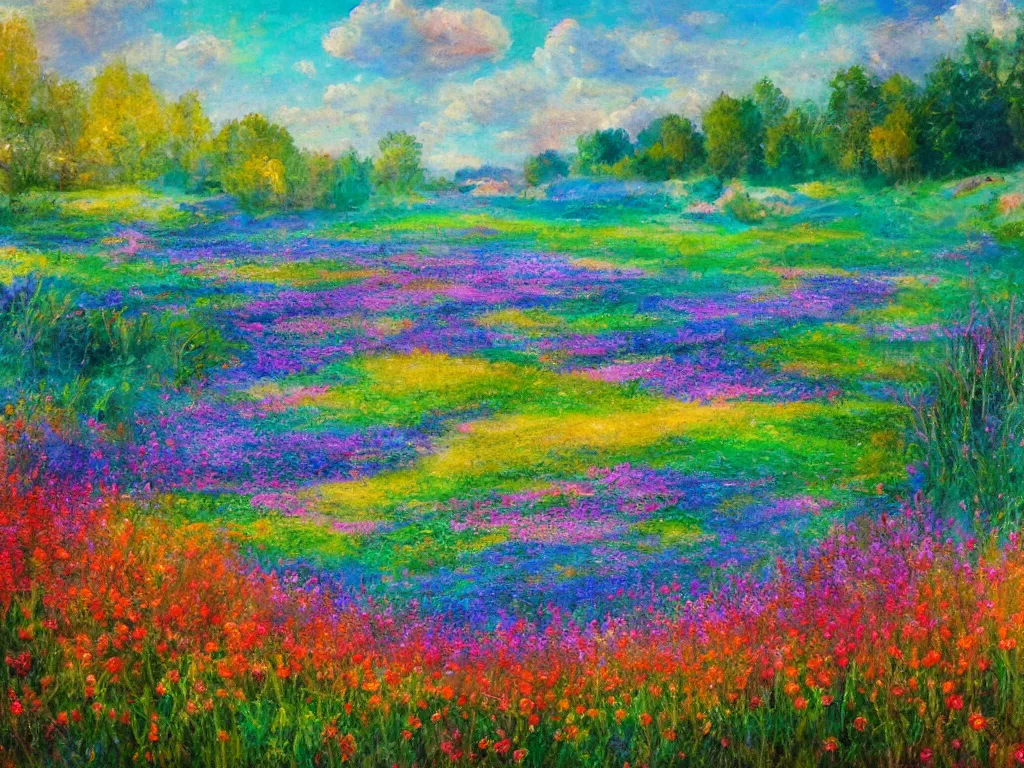 Image similar to an impressionist painting of a gorgeous meadow filled with colorful mushrooms with a stream flowing through it, psychedelic colors, colorful sky in background, high detail, trending on artstation