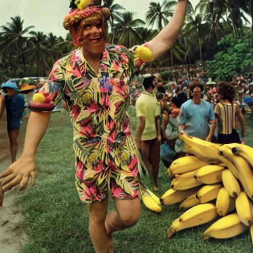 Prompt: a forty foot tall man with bananas for arms and coconuts for legs wearing a Hawaiian shirt at a jimmy buffet concert, Kodachrome photograph