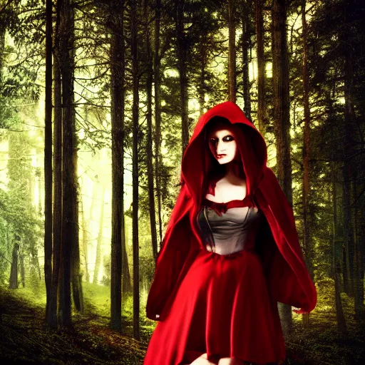Prompt: cinematic, fierce red riding hood with a scar on her face standing in a dark forest, dark, 4k, artstation, highly rendered, beautiful, high resolution