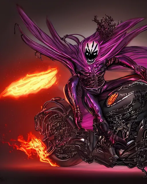 Image similar to ghost rider symbiote, purple and red variant, dynamic lighting, fantasy concept art, trending on art station, stunning visuals, creative, cinematic, ultra detailed, comic strip style