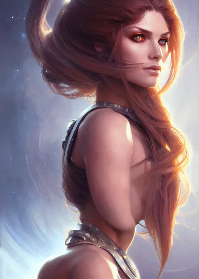 Image similar to futuristic woman portrait, sci-fi, amber eyes, face, long hair, fantasy, intricate, elegant, highly detailed, digital painting, artstation, concept art, smooth, sharp focus, illustration, art by artgerm and greg rutkowski and alphonse mucha