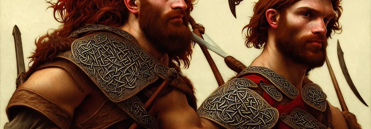 Image similar to renaissance upper body portrait of a gruff ranger with a spear, red haired celtic, lean and toned, handsome face, hairy chest, D&D, intricate, elegant, highly detailed, digital painting, artstation, concept art, matte, sharp focus, illustration, art by da Vinci, Artgerm and Greg Rutkowski and Alphonse Mucha