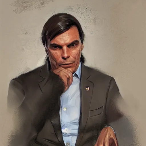 Prompt: retrato de jair bolsonaro, usando terno e gravata com um background em chamas, by greg rutkowski