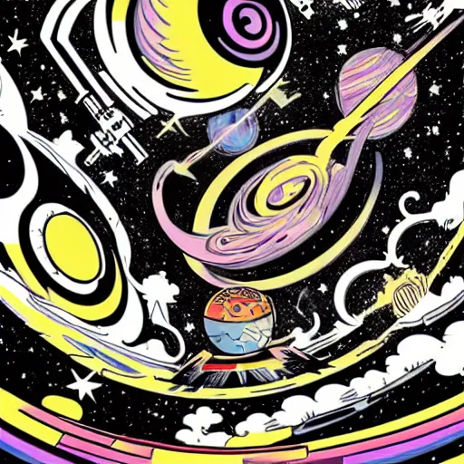 Image similar to colorful mcbess style galactic war