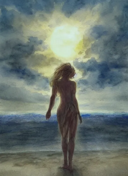 Image similar to portrait, An angel on the beach watching the sun set, watercolor, dramatic lighting, cinematic, establishing shot, extremely high detail, foto realistic, cinematic lighting, pen and ink, intricate line drawings, by Yoshitaka Amano, Ruan Jia, Kentaro Miura, Artgerm, post processed, concept art, artstation, matte painting, style by eddie mendoza, raphael lacoste, alex ross