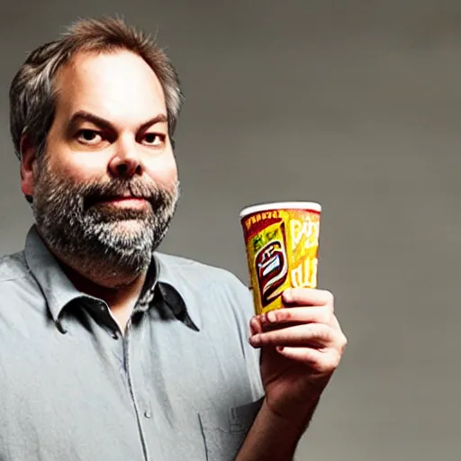 Prompt: Dan Harmon holding a Pringles can