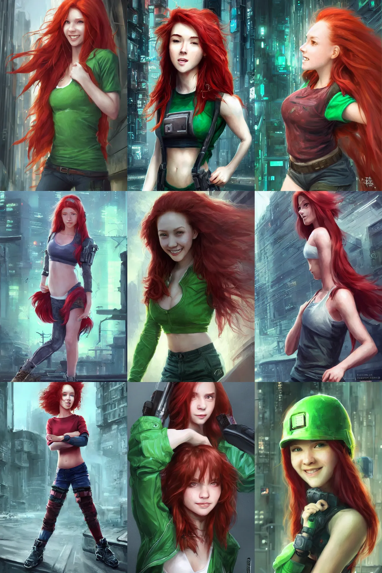 Prompt: beautiful cute athletic red haired eighteen year old young girl standing up, casual green clothing, long hair, cyberpunk city, cute smiling face, rpg character, sci - fi, intricate, elegant, digital painting, artstation, concept art, smooth, 8 k frostbite 3 engine, ultra detailed, art by artgerm and greg rutkowski and magali villeneuve