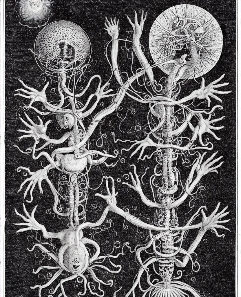 Image similar to whimsical freaky creature sings a unique canto about'as above so below'being ignited by the spirit of haeckel and robert fludd, breakthrough is iminent, glory be to the magic within