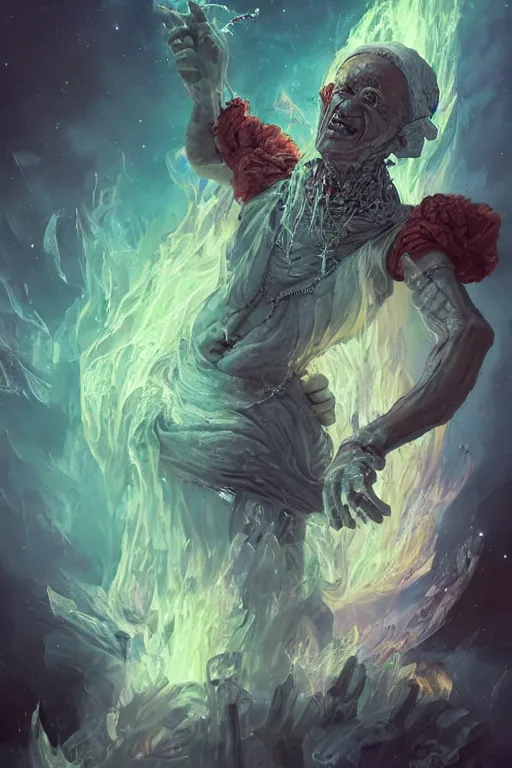 Prompt: the look of an elderly person necromancer witch - doctor covered with ice exploding into fire, full of wrinkles and imperfections, electricity highly detailed, high contrast, light reflection, trippy, nebula, trending on artstation by artgem, by peter mohrbacher, by wlop, by ruan jia