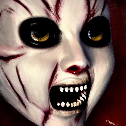 Image similar to Facial portrait. horrorversion version of Hello Kitty, looking at the camera, slight evil smile, lips wide parted, mouth wide open, sharp teeth visible. fear inspiring, intimidating, extremely detailed painting. by Greg Rutkowski and by Henry Justice Ford and by Steve Henderson.