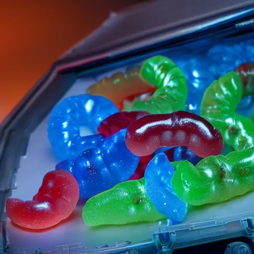 Prompt: a small edible gummi worm candy with cybernetics is for sale from a food truck. the candy is displayed with dramatic product lighting, pearlescent. in the background a dim alley is illuminated by the food truck. digital art, imax 7 0 mm, blade runner, sci - fi, fantasy, fairytale, 4 k, octane 3 d render, ue 5.