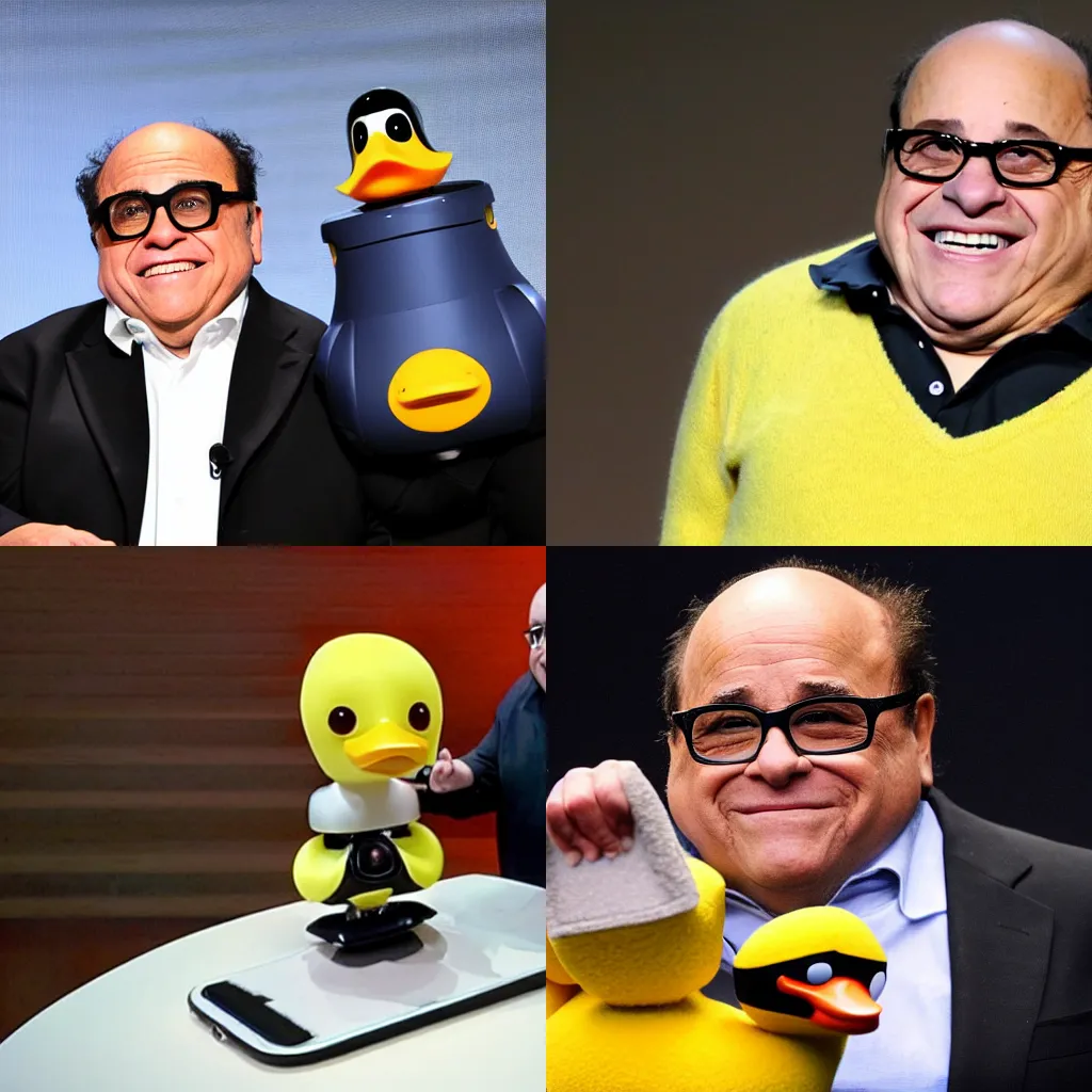 Prompt: Insane Danny DeVito CEO of Apple unveils new iDuck a Robot Duck