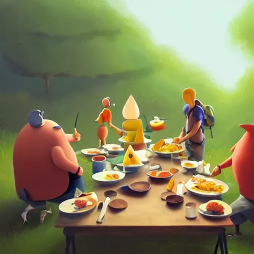 Prompt: goro fujita ilustration hikers eating around a table full of food, painting by goro fujita, sharp focus, highly detailed, artstation