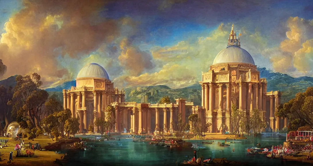 Image similar to the san francisco palace of fine arts during the intergalactic futuristic fair, romantic era painting, majestic